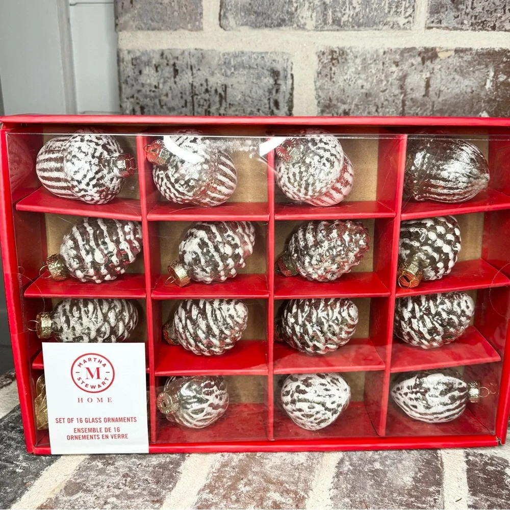 NEW Martha Stewart Silver Pinecone Acorn Mercury Glass Ornaments Set of 16